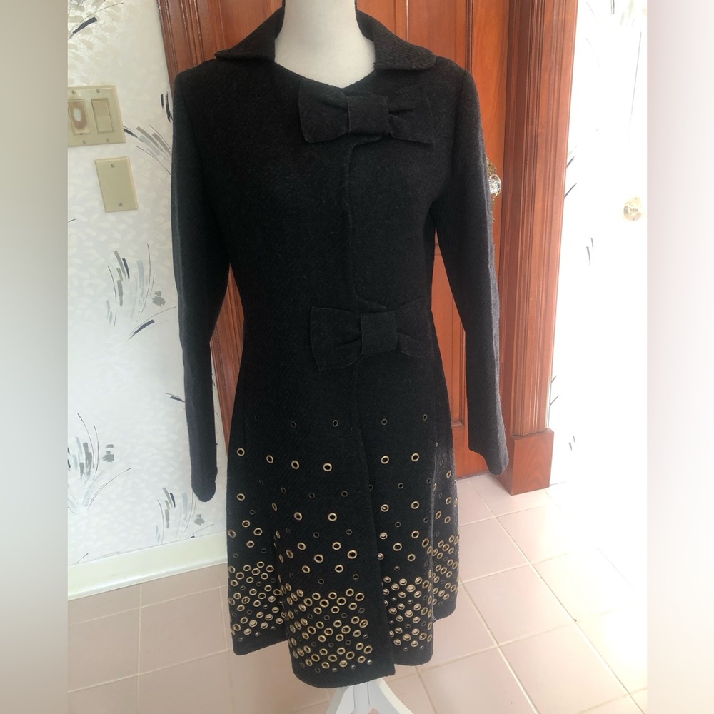 Vintage PRADA wool herringbone coat with bows and grommet embellishments